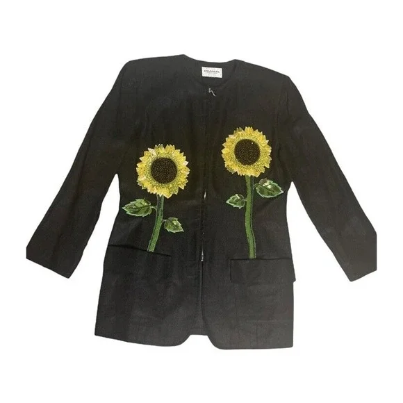 Vtg Emanuel Ungaro Beaded Sequin 3D Sunflowers Linen Designer Black Jacket 10/12